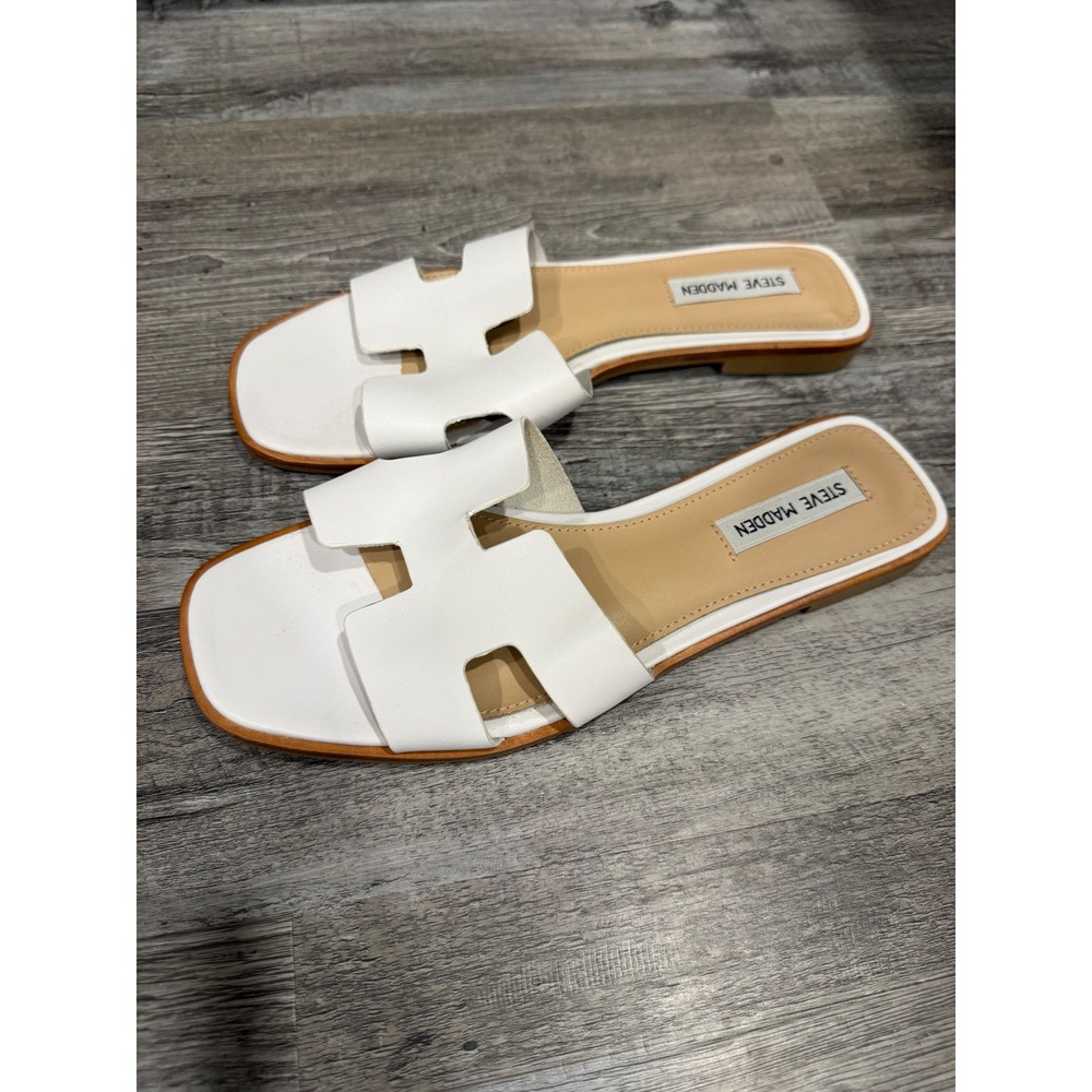 Steve Madden Hadyn White Leather H Band Flat Slide Sandals Square Toe Womens 8